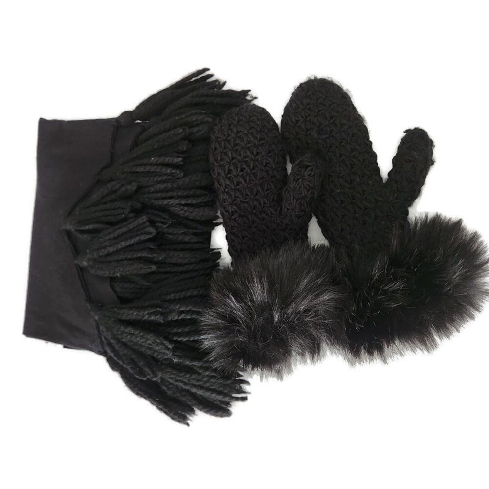 Surell Women's Black Mittens with Faux Fur Cuffs and Tasseled Black Scarf